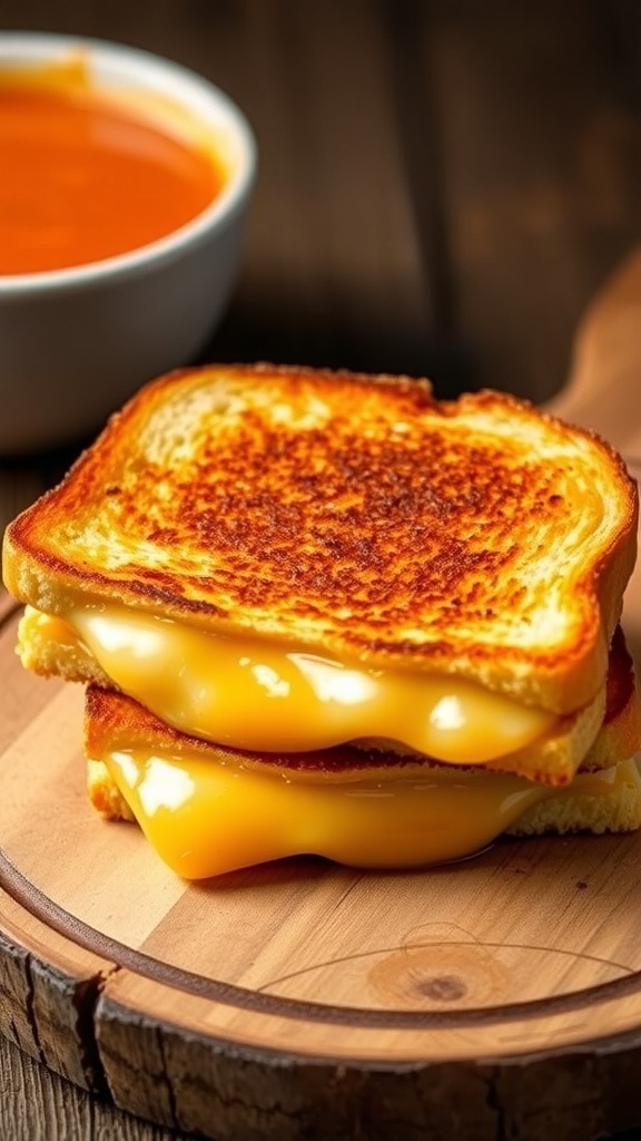 A golden brown grilled cheese sandwich cut in half, with melted cheese, served with a bowl of tomato soup.